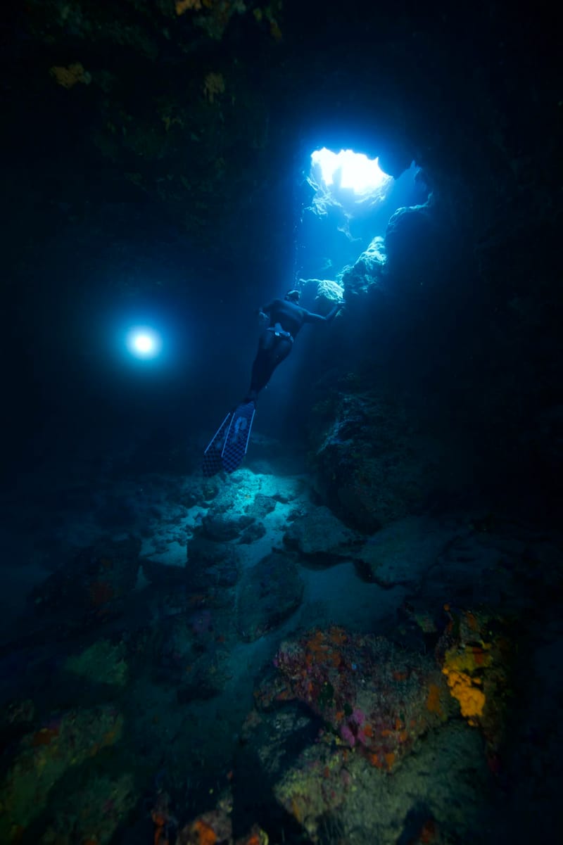 Apnéiste descendant un tombant de corail